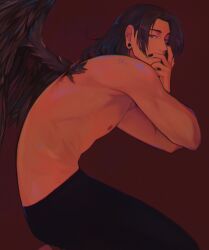  1boy arm_up black_hair black_nails black_pants black_wings commentary curtained_hair earrings geto_suguru highres jewelry jujutsu_kaisen kneeling light_ripples long_hair looking_at_viewer male_focus nail_polish nipples pants pectorals piercing plug_(piercing) solo topless_male wings 