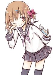  1girl :q ;q amakaze_sora black_sailor_collar black_skirt black_thighhighs blush bow brown_eyes brown_hair closed_mouth food food_on_face hair_bow hair_ornament hairclip holding holding_food ice_cream ice_cream_cone leaning_forward long_sleeves one_eye_closed original pink_bow pleated_skirt sailor_collar school_uniform serafuku shirt simple_background skirt smile soft_serve solo thigh-highs tongue tongue_out two_side_up white_background white_shirt 