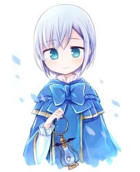  1girl amakaze_sora blue_bow blue_cloak blue_eyes blue_hair blush bow cloak closed_mouth copyright_request cropped_torso holding holding_lantern lantern long_sleeves petals puffy_long_sleeves puffy_sleeves shirt short_hair simple_background smile solo upper_body white_background white_shirt 