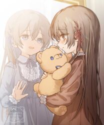 2girls blue_eyes blue_ribbon brown_hair child collared_dress commentary_request different_reflection dress eyes_visible_through_hair hair_between_eyes hair_ribbon highres holding holding_stuffed_toy kaisake_(utp) long_hair long_sleeves looking_at_mirror mirror multiple_girls neck_ribbon open_mouth orange_dress orange_eyes original red_ribbon reflection ribbon seiran_(sake_(utopia_modoki)) shuan_(sake_(utopia_modoki)) siblings sisters smile stuffed_animal stuffed_toy tareme teddy_bear twins watermark 