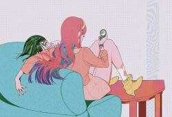  2girls alien_stage boots commentary feet_on_table green_hair hairband high_heel_boots high_heels highres holding holding_mirror long_hair mirror mizi_(alien_stage) multiple_girls paper_crusher pink_hair pink_shirt shirt sitting sua_(alien_stage) violet_eyes yellow_boots yellow_hairband 