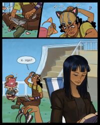  1girl 2boys absurdres animal_ears black_hair black_jacket blue_sky blunt_bangs book brown_overalls commentary english_commentary fake_animal_ears green_shirt hat highres holding holding_book jacket lamuliz long_nose multiple_boys nico_robin one_piece overalls pink_hat shirt sitting sky smile speech_bubble tony_tony_chopper usopp wristband 
