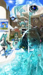  ... 6+girls absurdres aqua_eyes aqua_hair aqua_necktie aqua_trim arm_tattoo arrow_(symbol) black_boots black_skirt black_sleeves black_thighhighs bliss_(image) blue_sky boots bubble clone closed_mouth clouds commentary computer detached_sleeves english_commentary english_text expressionless grey_shirt hair_between_eyes hatsune_miku headset highres huli_xiaobai laptop long_hair meccha_chameleon melting microsoft_windows minecraft multiple_girls multiple_persona necktie open_mouth pleated_skirt rubber_duck see-through_body shirt skirt sky sleeveless sleeveless_shirt smile speech_bubble spoken_ellipsis tattoo thigh-highs thigh_boots tie_clip twintails very_long_hair vocaloid walking water window_(computing) windows_logo windows_xp wing_collar 