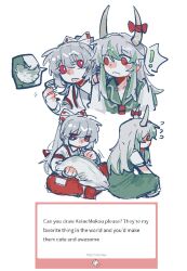  ! 2girls blush bow brushing_another's_tail closed_mouth collared_shirt comb deformed dress english_text ex-keine fan_request flying_sweatdrops fujiwara_no_mokou green_dress green_hair grey_hair hair_bow highres holding holding_comb horn_bow horn_ornament horns kamishirasawa_keine l_fzxxxx long_hair marshmallow_(site) multicolored_hair multiple_girls ofuda ofuda_on_clothes open_mouth pants red_bow red_eyes red_pants request_inset shirt simple_background sitting spoken_exclamation_mark suspenders touhou two-tone_hair very_long_hair white_background white_shirt 