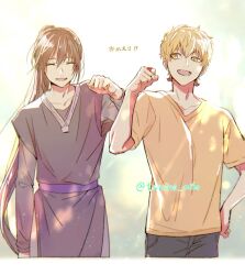  2boys black_hair black_pants blonde_hair brown_shirt clenched_hand closed_eyes commentary_request denim hair_between_eyes highres ja_wangnan jeans jyu_viole_grace long_hair male_focus multiple_boys open_mouth pants shirt side-by-side smile tanino_miho teeth tower_of_god translation_request twenty-fifth_bam twitter_username v-neck yellow_eyes 