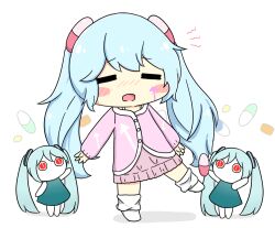  1girl 3girls aimaina blue_hair blush blush_stickers chibi chibi_only closed_eyes commentary_request full_body hair_ornament hatsune_miku long_hair long_sleeves multiple_girls no_shoes nose_blush nukotun open_mouth pill pill_hair_ornament pink_skirt simple_background skirt slow_motion_(vocaloid) socks solo standing standing_on_one_leg twintails very_long_hair vocaloid white_background white_socks 