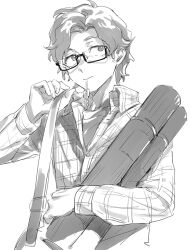  1boy bag commentary_request dress_shirt glasses greyscale hiraga_keisuke isa_(peien516) key_in_mouth male_focus monochrome mouth_hold persona persona_3 rectangular_eyewear semi-rimless_eyewear shirt short_hair shoulder_bag simple_background solo t-shirt under-rim_eyewear undershirt upper_body white_background 