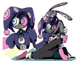  1boy 1girl abstraction_(the_amazing_digital_circus) alternate_universe animal_ears arms_around_another's_back asymmetrical_gloves blue_sclera colored_sclera colored_skin commentary english_commentary extra_eyes eye_on_tail eyes_on_body gloves grey_skin hand_on_another's_head hat hat_bell highres hug jax_(the_amazing_digital_circus) jester jester_cap kneeling kuropin looking_to_the_side mismatched_gloves mismatched_sclera pink_gloves pink_sclera pomni_(the_amazing_digital_circus) rabbit_boy rabbit_ears the_amazing_digital_circus white_background yellow_gloves yellow_sclera 