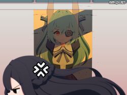  2girls against_wall andvari_(last_origin) anger_vein angry arms_up black_dress black_eyes black_hair black_ribbon closed_mouth dress english_commentary eyepatch green_hair hair_between_eyes hair_ribbon highres korean_commentary last_origin long_hair looking_at_another lrl_(last_origin) meccha_chameleon mixed-language_commentary multiple_girls orangegoon red_eyes ribbon short_sleeves 