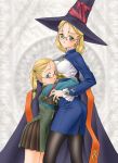  age_difference delta-e glasses green_eyes hat hug pantyhose skirt witch_hat 