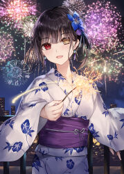  1girl :d aerial_fireworks asle black_hair blue_flower blurry blurry_background bokeh clock_eyes commentary_request date_a_live depth_of_field earrings fireworks floral_print flower hair_bun hair_flower hair_ornament heterochromia highres holding holding_fireworks japanese_clothes jewelry kimono looking_at_viewer night obi open_mouth outdoors purple_sash red_eyes revision sash short_hair sky smile solo sparkler symbol-shaped_pupils tokisaki_kurumi water white_kimono yellow_eyes 