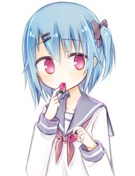  1girl amakaze_sora blue_hair bow brown_neckerchief eating food fruit grey_bow grey_sailor_collar hair_between_eyes hair_bow hair_ornament hairclip hands_up holding holding_food long_sleeves neckerchief one_side_up original puffy_long_sleeves puffy_sleeves sailor_collar school_uniform serafuku shirt simple_background solo strawberry upper_body violet_eyes white_background white_shirt 