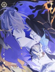  3boys 70_70000 absurdres antenna_hair armor artist_name black_background black_boots black_cape black_sclera blonde_hair blood blood_from_eyes blood_on_face blue_cape blue_fire boots cape colored_blood colored_sclera commentary cracked_skin crescent_moon dawnmaker_(honkai:_star_rail) diamond-shaped_pupils diamond_(shape) english_commentary fire floating_cape floating_clothes footprints full_body full_moon gauntlets grey_hair hair_between_eyes hair_over_one_eye highres holding holding_sword holding_weapon honkai:_star_rail honkai_(series) hood hooded_cape jacket long_hair_between_eyes long_sleeves looking_at_another looking_at_viewer looking_up male_focus moon moon_phases multiple_boys open_mouth pale_skin phainon_(flame_reaver)_(honkai:_star_rail) phainon_(honkai:_star_rail) phainon_(khaslana)_(honkai:_star_rail) shadow short_hair shoulder_armor simple_background sitting sitting_on_person sun_symbol sword symbol-shaped_pupils violet_eyes walking weapon white_hair white_jacket yellow_blood yellow_eyes 