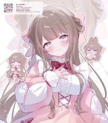  1girl animal_ears blush bow bowtie breasts character_request chibi closed_mouth commentary copyright_request detached_sleeves hair_bow hair_ornament hairclip hand_on_own_chest highres jitome long_hair long_sleeves looking_at_viewer medium_breasts mimo_(mimofeb) multiple_views pink_bow pink_eyes pink_shoes pink_skirt pink_sleeves pink_thighhighs puffy_long_sleeves puffy_sleeves rabbit_ears red_bow red_bowtie shirt shoes skirt sleeveless sleeveless_shirt smile thigh-highs two-tone_sleeves white_shirt white_sleeves white_thighhighs 