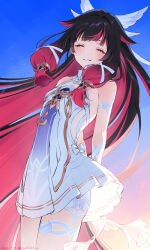  1girl arm_strap armlet arms_behind_back artist_name backlighting bare_shoulders black_hair blue_sky blunt_bangs blush bow bowtie breasts choker closed_eyes colored_inner_hair columbina_(genshin_impact) commentary_request cowboy_shot criss-cross_halter day dress feathered_wings floating_clothes floating_hair genshin_impact gold_trim gradient_hair gradient_sky hair_ornament hair_tubes halterneck head_wings highres isofishtsu jewelry long_hair multicolored_hair multiple_wings outdoors pink_hair short_dress sidelocks sky sleeveless sleeveless_dress small_breasts smile solo standing teeth thigh_strap two-tone_hair very_long_hair white_bow white_bowtie white_choker white_dress wings x_hair_ornament 