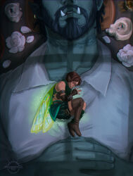  1boy 1girl beard boots colored_skin critical_role critical_role:_campaign_iv crying death dungeons_&amp;_dragons facial_hair fairy fairy_wings fetal_position flower full_beard green_boots green_shirt green_skin highres lying oddthesungod on_back orc pointy_ears shadow shirt thimble_(critical_role) thjazi_fang tusks white_shirt window_light wings 