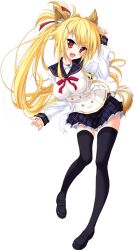  1girl amagi_karin animal_ear_fluff animal_ears back_bow black_thighhighs blonde_hair bow buttons charm_(object) collarbone double-breasted fox_ears frilled_skirt frills full_body game_asset hair_ribbon loafers long_hair long_sleeves magical_marriage_lunatics!! miniskirt neck_ribbon non-web_source official_art plaid_clothes plaid_sailor_collar plaid_skirt pleated_skirt ponytail red_eyes red_ribbon ribbon sailor_collar sakurasaka_tsuchiyu school_uniform serafuku shirt shoes simple_background skirt tachi-e thigh-highs transparent_background two-tone_shirt white_shirt 