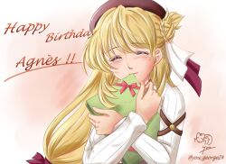 agnes_claudel artist_name beret blonde_hair blush braid braided_base bun_with_braided_base closed_eyes commentary_request eiyuu_densetsu gift hair_bun happy_birthday hat holding holding_gift kai_no_kiseki kuro_no_kiseki_(series) long_hair low-tied_long_hair red_hat ribbed_sweater simple_background smile sweater you_george24 