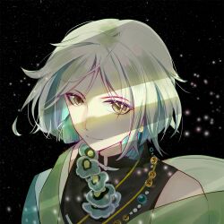  1boy aqua_eyes baiguigelierwan bare_shoulders bead_bracelet beads black_background black_shirt bob_cut bracelet brown_eyes chinese_commentary closed_mouth colored_inner_hair commentary_request earrings expressionless green_robe highres jewelry junzi_huoguo_(the_tale_of_food) light_particles looking_at_viewer male_focus multicolored_hair mushroom off_shoulder parted_bangs portrait robe shirt sleeveless sleeveless_shirt solo star_(sky) starry_sky_background tassel tassel_earrings the_tale_of_food upturned_eyes white_hair window_shadow 