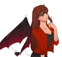  1girl black_dress black_wings blunt_bangs brown_hair commentary_request demon_girl demon_horns demon_tail demon_wings dress gradient_wings green_eyes highres horns jacket korean_commentary lila_rossi long_hair miraculous_ladybug multicolored_wings polka_dot polka_dot_dress qwgki red_horns red_jacket red_wings solo tail twirling_hair two-tone_wings white_background wings 