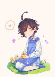  1boy ahoge animal baby_animal bird black_hair blue_choker blue_overalls blue_sandals border chick choker closed_mouth clothing_request commentary_request constricted_pupils cr-r fading_border full_body gold_pendant grass heart heart_print hikigaya_hachiman holding holding_animal light_smile long_sleeves looking_at_viewer male_focus no_socks on_ground overalls pendant_choker print_overalls sandals seiza short_hair sidelocks sitting solo speech_bubble spoken_heart white_background yahari_ore_no_seishun_lovecome_wa_machigatteiru. 
