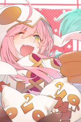  1girl :d ;d aqua_hair braid commentary_request creature fang grimms_echoes hair_between_eyes hood hood_up long_hair looking_at_viewer multicolored_hair one_eye_closed open_mouth pink_hair polka_dot rapunzel_(grimms_echoes) single_braid skin_fang sleeves_past_fingers sleeves_past_wrists smile solo two-tone_hair upper_body very_long_hair vichan_(grimms_echoes) yama_66 
