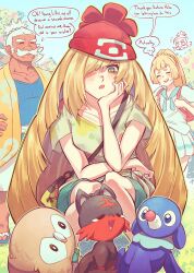  1boy 2girls absurdres andrich_galam beanie blonde_hair blue_shirt blunt_bangs blush braid braided_base breasts closed_eyes collarbone commentary cosplay dark-skinned_male dark_skin english_commentary facial_hair fangs green_eyes green_shorts hair_over_one_eye hala_(pokemon) hand_on_own_cheek hand_on_own_face hat highres jacket lillie_(pokemon) long_hair lusamine_(pokemon) mature_female mother_and_child mother_and_daughter multiple_girls mustache old old_man open_clothes open_mouth open_robe parent_and_child pleated_skirt pokemon pokemon_sun_and_moon ponytail ponytail_with_braided_base red_hat robe sandals selene_(pokemon) selene_(pokemon)_(cosplay) shirt short_hair short_sleeves shorts skirt smile speech_bubble sweatdrop teeth tied_shirt upper_teeth_only very_long_hair white_hair white_shirt white_shorts white_skirt yellow_robe yellow_shirt 