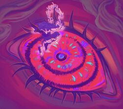  2boys back commentary eyelashes gear_fifth hagoromo highres monkey_d._luffy multiple_boys nerona_imu one_piece purple_theme red_theme ringed_eyes shawl shirt shorts slug2thecore untranslatable_commentary white_shirt white_shorts 