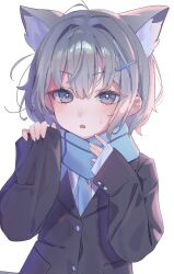  0219_142 1girl animal_ear_fluff animal_ears black_jacket blazer blue_archive blue_eyes blue_necktie blue_scarf blush commentary_request cross_hair_ornament extra_ears fang grey_hair hair_between_eyes hair_ornament hands_up highres jacket long_sleeves looking_at_viewer mismatched_pupils necktie open_mouth scarf school_uniform shiroko_(blue_archive) shiroko_(young)_(blue_archive) shirt short_hair simple_background sleeves_past_wrists solo sweatdrop upper_body white_background white_shirt wolf_ears wolf_girl 