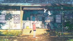  1girl 3d_background aqua_eyes arsenixc black_shorts blunt_bangs building commentary_request door full_body grass gym_shorts holding holding_suitcase kneehighs lamppost looking_ahead low_twintails mary_janes open_mouth original railing red_hair red_shirt red_shoes shade shirt shoes short_hair short_sleeves short_twintails shorts socks solo stairs standing suitcase t-shirt tree twintails white_socks wide_shot window 