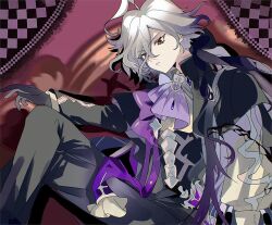  1boy adapted_costume ascot black_capelet black_gloves black_jacket capelet colored_eyelashes commentary corset edmond_dantes_(fate) fate/grand_order fate_(series) gloves gradient_hair hair_between_eyes hair_over_shoulder jacket knee_up long_hair long_sleeves looking_at_viewer male_focus multicolored_hair parted_lips ptptprpr purple_ascot purple_hair red_eyes single_sleeve sitting solo star_(symbol) star_in_eye symbol_in_eye the_count_of_monte_cristo_(fate) the_count_of_monte_cristo_(second_ascension)_(fate) very_long_hair 