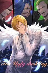  4boys blonde_hair blue_hair brothers formal_clothes green_hair highres jacket kid_law_2323 male_focus multiple_boys necktie one_piece pant_suit pants red_hair sanji_(one_piece) siblings suit suit_jacket suit_pants vinsmoke_ichiji vinsmoke_niji vinsmoke_yonji white_suit 