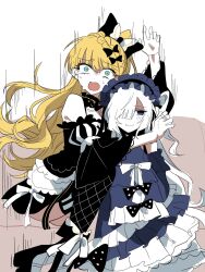  2girls bare_shoulders black_choker black_dress black_ribbon black_thighhighs blonde_hair blue_dress blue_eyes blue_hairband bow braid choker closed_mouth commentary_request couch dress dress_bow frilled_choker frilled_dress frilled_hairband frilled_sleeves frills gothic_lolita hair_bow hair_over_one_eye hair_ribbon hairband highres hug jewelry lolita_fashion lolita_hairband long_hair long_sleeves looking_at_viewer mahou_shoujo_no_majo_saiban male_focus multiple_girls natsume_an-an off-shoulder_dress off_shoulder open_mouth polka_dot polka_dot_bow ribbon ring sabi_kkr saeki_miria simple_background sitting sleeve_bow sleeves_past_fingers sleeves_past_wrists smile thigh-highs turn_pale violet_eyes white_background white_hair wide_sleeves 