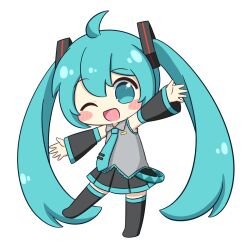  1girl :d ;d ahoge blush_stickers chibi chibi_only commentary_request detached_sleeves double-parted_bangs full_body green_eyes green_hair green_necktie hair_between_eyes hatsune_miku long_hair looking_at_viewer necktie nukotun one_eye_closed open_mouth outstretched_arms simple_background smile solo spread_arms standing standing_on_one_leg tie_clip twintails very_long_hair vocaloid white_background 