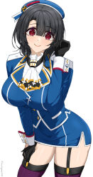  1girl ascot beret black_gloves black_hair black_thighhighs blue_hat blush breasts chamumi_(mochiumee) cowboy_shot garter_straps gloves hat highres kantai_collection large_breasts lips looking_at_viewer military military_uniform red_eyes short_hair skirt smile solo takao_(kancolle) thigh-highs white_background 