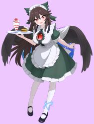  1girl absurdres alternate_costume bird_wings black_shoes black_wings bow breasts brown_hair cake cake_slice cape chest_eye commentary dress english_commentary food full_body green_bow green_dress hair_bow hair_flaps highres holding holding_plate large_breasts long_hair looking_at_viewer maid maid_headdress open_mouth parfait pink_background plate red_eyes reiuji_utsuho shoes short_sleeves simple_background smile solo starry_sky_print the1rocket touhou twitter_username very_long_hair white_cape wings 