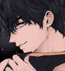  after_exercise basketball_jersey black_background black_eyes black_hair black_tank_top choi_jongsu close-up from_side garbage_time lower_eyelashes_only male_focus manly messy_hair orange_trim portrait profile pulling_own_clothes short_hair smirk sweat tank_top ununtied very_sweaty 