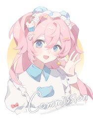  1girl :d absurdres animal_ears bear_ears blue_eyes border commission cropped_torso double-parted_bangs dress fang gradient_background hair_between_eyes hair_intakes hair_ornament hairclip highres huolala_neiku_chaofan long_hair looking_at_viewer maid_headdress mihuashi_commission open_mouth original outside_border parallel_hairclips pink_hair round_border skin_fang smile solo star_(symbol) two_side_up white_border white_dress wrist_cuffs yellow_background 