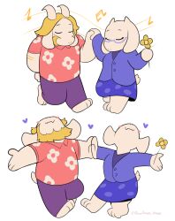  1boy 1girl absurdres artist_name asgore_dreemurr blush chibi chibi_only closed_eyes closed_mouth commentary dancing deltarune english_commentary fangs flower furry furry_female furry_male heart highres holding holding_flower holding_hands multiple_views musical_note musical_staff pants peanuts_(comic) pencilman_draws pink_shirt purple_pants purple_shirt purple_skirt shirt skin_fangs skirt smile toriel twitter_username utdr_(toby_fox) yellow_flower 