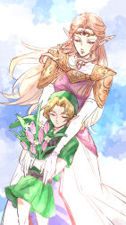  1boy 1girl age_difference armor arms_around_neck bags_under_eyes blonde_hair bouquet breasts champion's_tunic_(zelda) child closed_eyes clouds cloudy_sky commentary dress elbow_gloves english_commentary flower full_body gloves gold_armor green_hat green_tunic hat hetero highres holding holding_bouquet kurokawa_karasu link long_dress long_hair medium_breasts parted_bangs phrygian_cap pink_flower pink_tunic princess_zelda short_hair shoulder_armor sidelocks sky the_legend_of_zelda the_legend_of_zelda:_ocarina_of_time tunic white_dress white_gloves young_link 