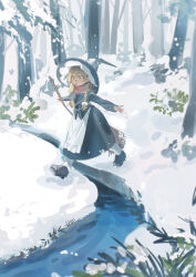  1girl absurdres apron black_hat black_shoes black_skirt blonde_hair blush bow braid broom commentary_request forest hair_bow hat hat_bow highres holding holding_broom kirisame_marisa long_sleeves nature open_mouth outdoors outstretched_arms red_scarf scarf shi_chimi shoes side_braid single_braid skirt snow solo spread_arms stream touhou waist_apron water white_apron white_bow winter winter_clothes witch_hat yellow_eyes 