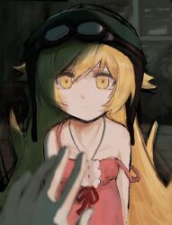  1boy 1girl araragi_koyomi bakemonogatari blonde_hair closed_mouth commentary_request dress goggles goggles_on_headwear helmet highres jewelry kou313l long_hair looking_at_viewer monogatari_(series) necklace oshino_shinobu pink_dress pov pov_hands yellow_eyes 
