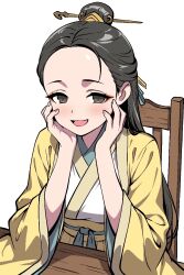 1girl blush chair chinese_clothes commentary_request ding36 dress forehead hair_bun hair_ornament hanfu kanzashi legend_of_mortal simple_background sitting table wei_ju wooden_chair wooden_table yellow_dress 