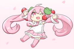  1girl :d ;d ahoge blush_stickers cherry_hair_ornament chibi chibi_only commentary_request detached_sleeves double-parted_bangs falling_petals food-themed_hair_ornament full_body hair_between_eyes hair_ornament hatsune_miku leaf_hair_ornament long_hair long_sleeves necktie nukotun one_eye_closed open_mouth outstretched_arms petals pink_eyes pink_hair pink_necktie pink_sleeves sakura_miku smile solo spread_arms tie_clip twintails very_long_hair vocaloid wide_sleeves 