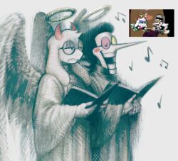  angel_wings black_hair blush book closed_eyes commentary deltarune floppy_ears game_screenshot_inset halo holding holding_book horns musical_note open_book open_mouth pink_horns ralsei reference_inset round_eyewear screenshot_inset spamton_g._spamton srbt08 utdr_(toby_fox) white_fur wings 