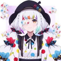  1girl aizawa_hamu beret bow braid closed_mouth commentary_request flower flower_in_eye hair_ornament hat highres hime_cut japanese_clothes jogasaki_noah kimono lolita_fashion looking_at_viewer magical_girl mahou_shoujo_no_inshuu_mura mahou_shoujo_no_majo_saiban multicolored_eyes multicolored_flower multicolored_hair obi polka_dot polka_dot_bow polka_dot_kimono sash smile symbol_in_eye twin_braids wa_lolita 