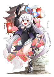  1girl absurdres animal_ears black_dress black_streaks blue_archive blue_halo brown_eyes cane_gun china_dress chinese_clothes commentary_request disguised_weapon dress fedora gradient_hair grey_hair halo hand_on_cane hat highres holding holding_unworn_clothes holding_unworn_hat kokona_(blue_archive) long_hair long_sleeves monopuro multicolored_hair open_mouth pelvic_curtain smile solo standing standing_on_one_leg streaked_hair striped_clothes striped_dress tiger_ears tiger_girl unworn_hat unworn_headwear vertical-striped_clothes vertical-striped_dress very_long_hair 
