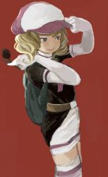  1girl backpack bag black_eyes black_flower black_tulip blonde_hair bright_pupils commentary_request domino_(pokemon) elbow_gloves feet_out_of_frame flower gloves highres holding holding_flower kmusy_mp4 pokemon pokemon_(anime) pokemon_(classic_anime) red_background smile solo team_rocket team_rocket_uniform tulip white_gloves white_pupils 