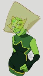  1girl alternate_costume animification blonde_hair borrowed_design colored_skin commentary english_commentary fake_doe fingerless_gloves gem_(steven_universe) gloves green_skin grin highres peridot_(steven_universe) sleeveless smile solo steven_universe triangle-shaped_hair 