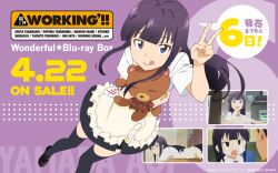  1girl :q anime_coloring apron black_shoes black_skirt blunt_bangs blush commentary_request company_name copyright_logo copyright_name copyright_notice dot_nose dutch_angle foot_out_of_frame from_above hand_up holding holding_stuffed_toy loafers logo long_hair looking_at_viewer looking_up miniskirt official_art purple_background purple_hair screenshot_inset shirt shoes short_sleeves skirt smile stuffed_animal stuffed_toy teddy_bear thigh-highs tongue tongue_out tsurime v violet_eyes wagnaria_uniform waitress white_shirt working!! yamada_aoi yellow_apron 